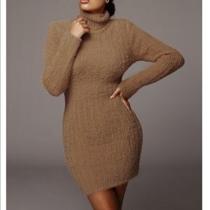 JLuxLabel Tan Turtleneck Fuzzy Sweater Dress S